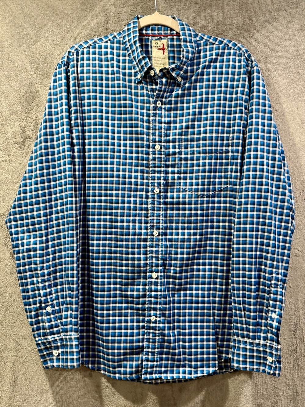 Relwen Huckberry Men's Blue Cotton Plaid Flyweight Button-Down Shirt XL